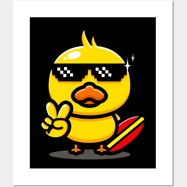 Cool Duck With Surfboard Summer Surfing Vacation Wall Art by Foxxy Merch